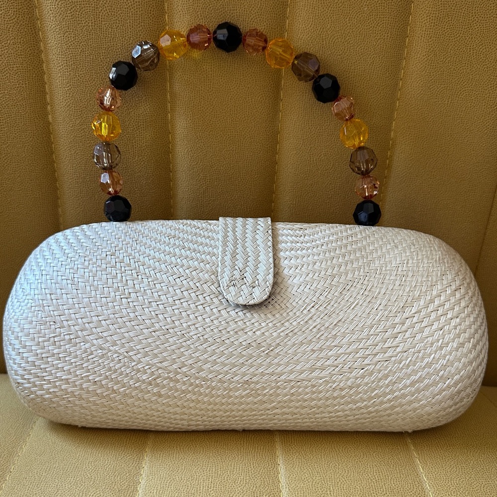 Elegant Cream Clutch with Beaded Handle